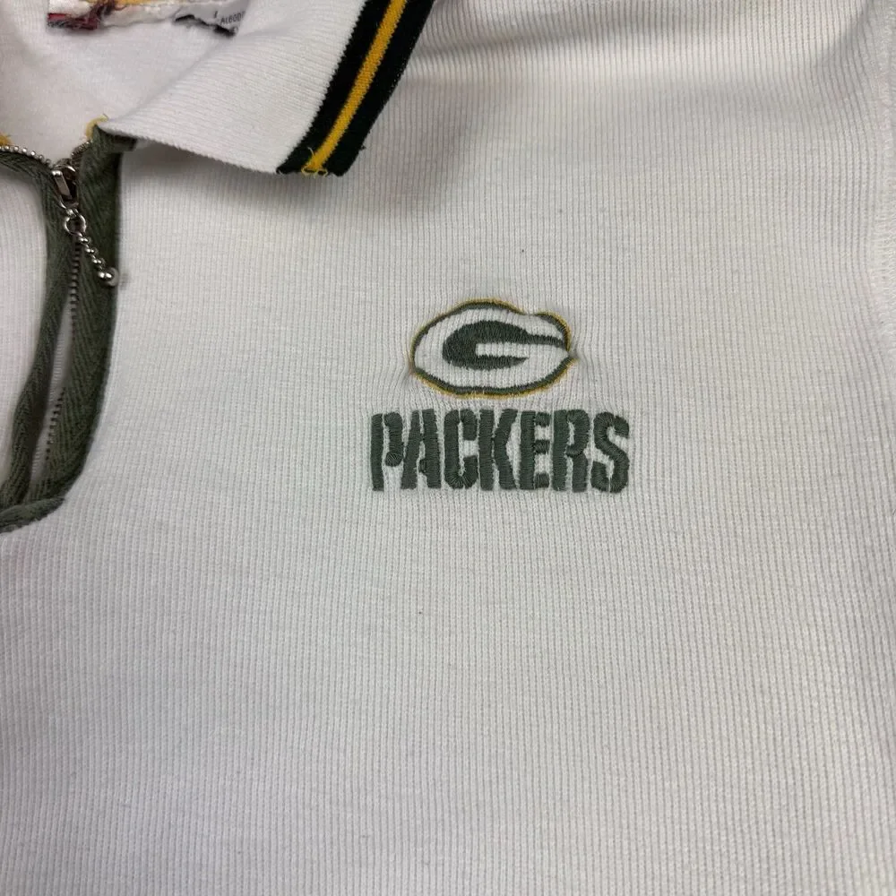 Vintage Green Bay Packers Embroidered Quarter Zip Polo Shirt White NFL L